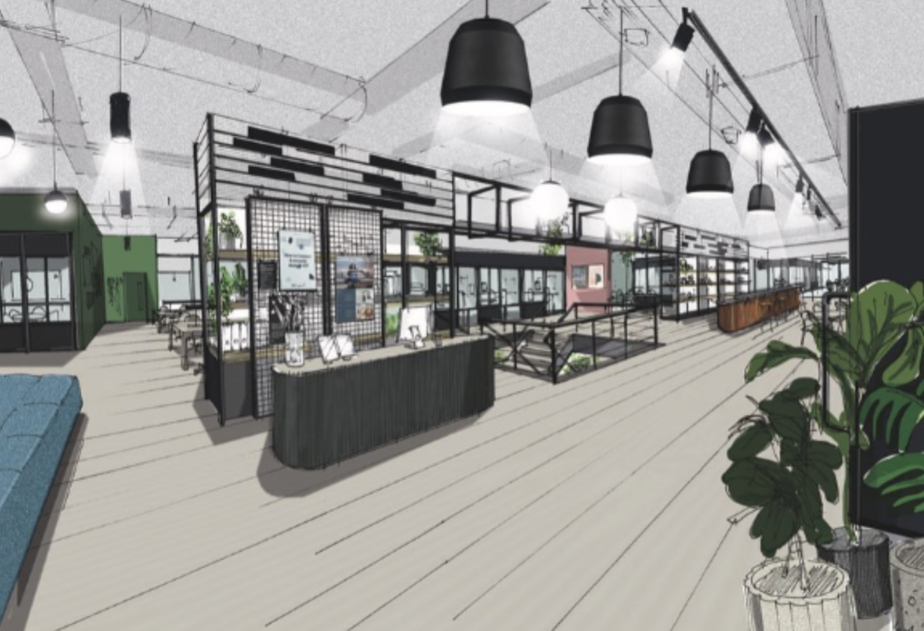 Kiln workspace interior design rendering with lighting and plants