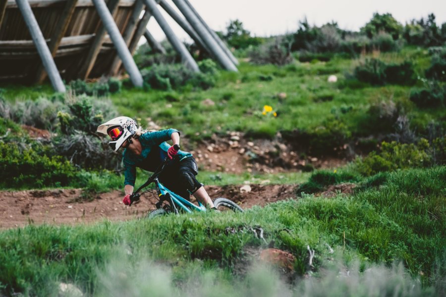 Woman mountain biker wearing technical apparel on a forest trail