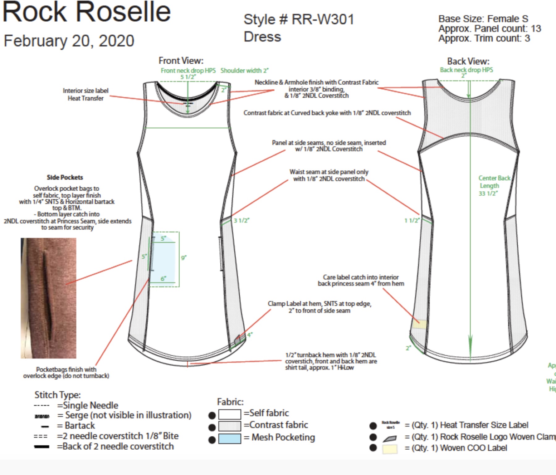 Rock Roselle apparel technical pack and product specs