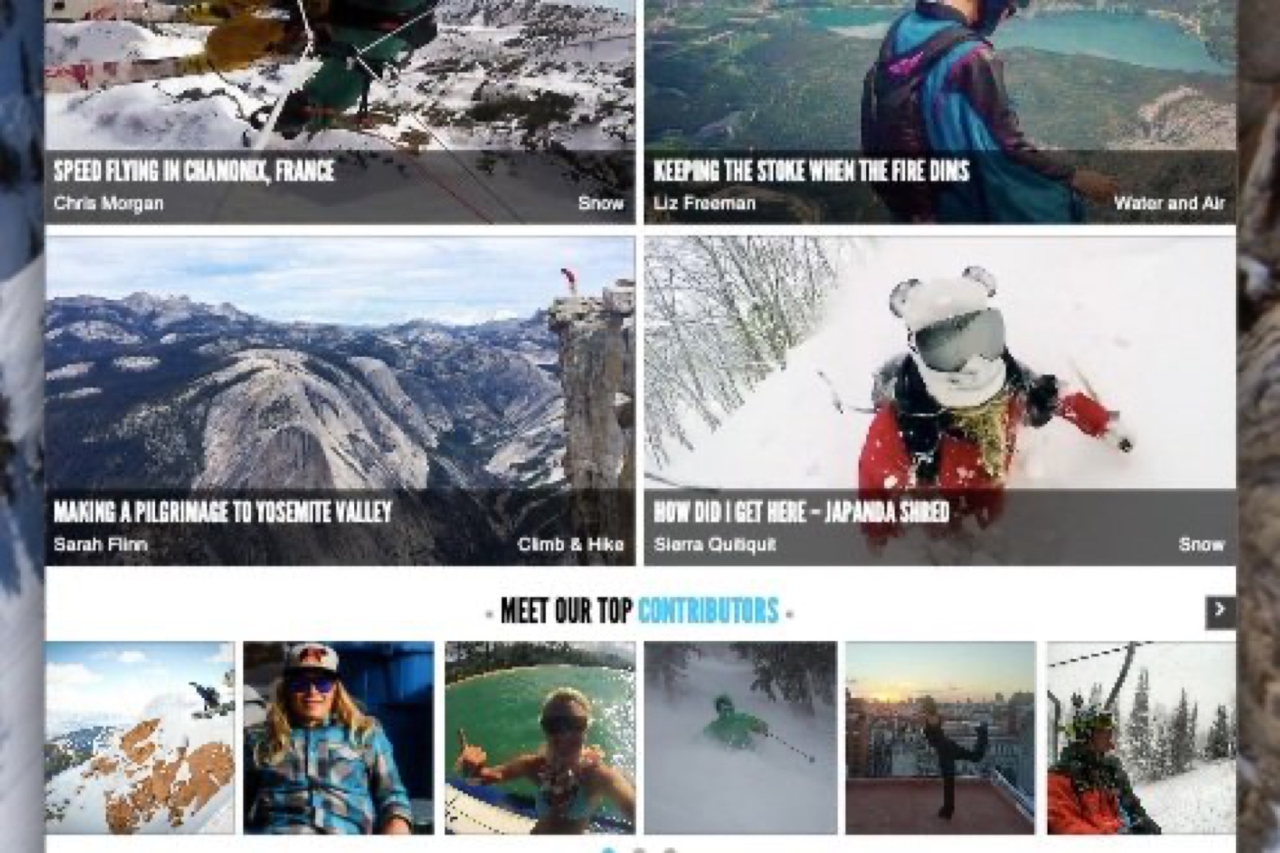 Spread Stoke editorial grid with outdoor stories and contributor profiles