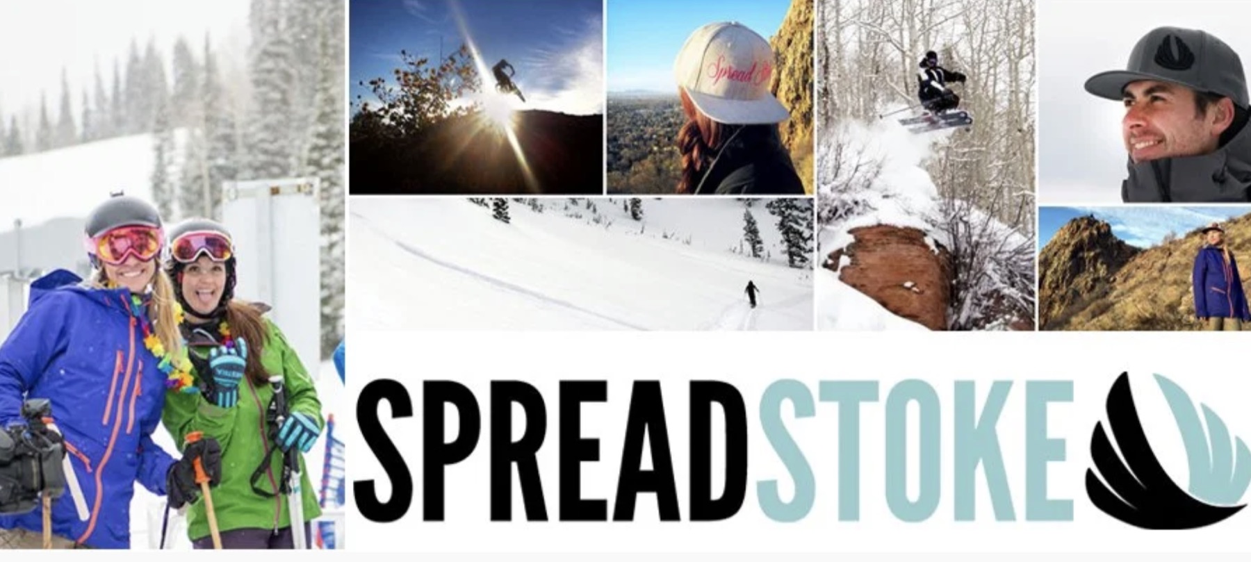 Spread Stoke brand collage with outdoor imagery and logo