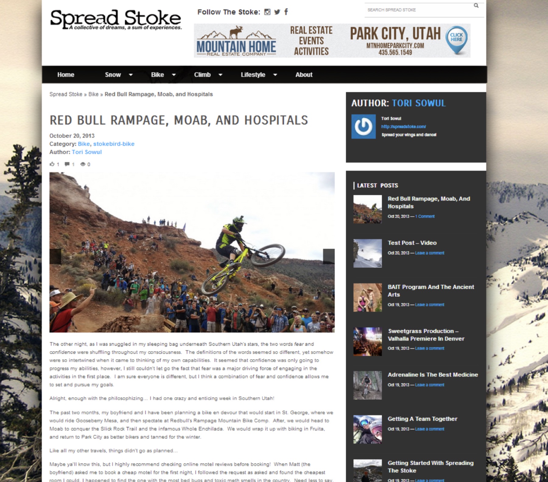 Spread Stoke article page showing outdoor storytelling and author profile