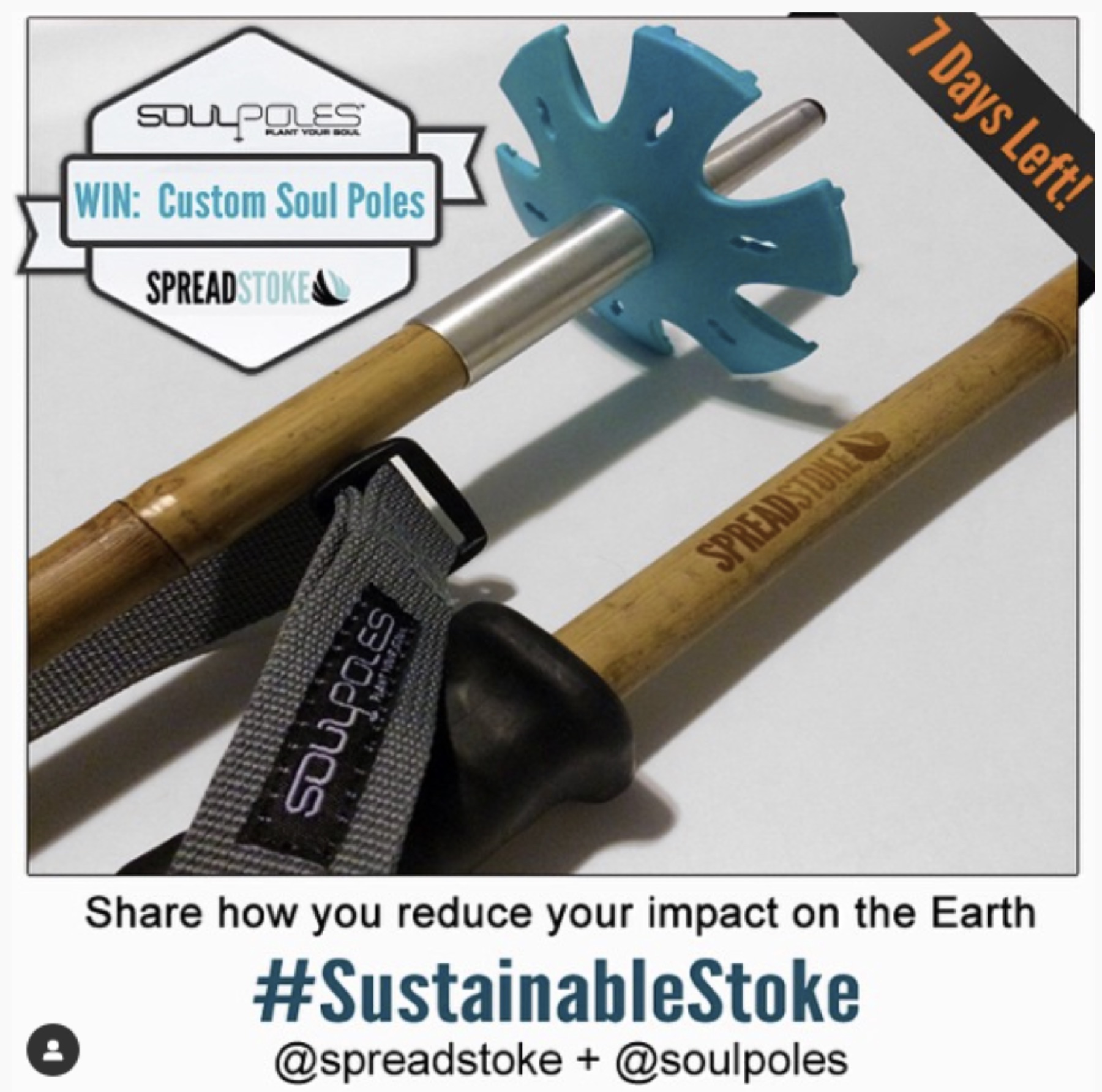Spread Stoke Sustainable Stoke campaign graphic with custom ski poles